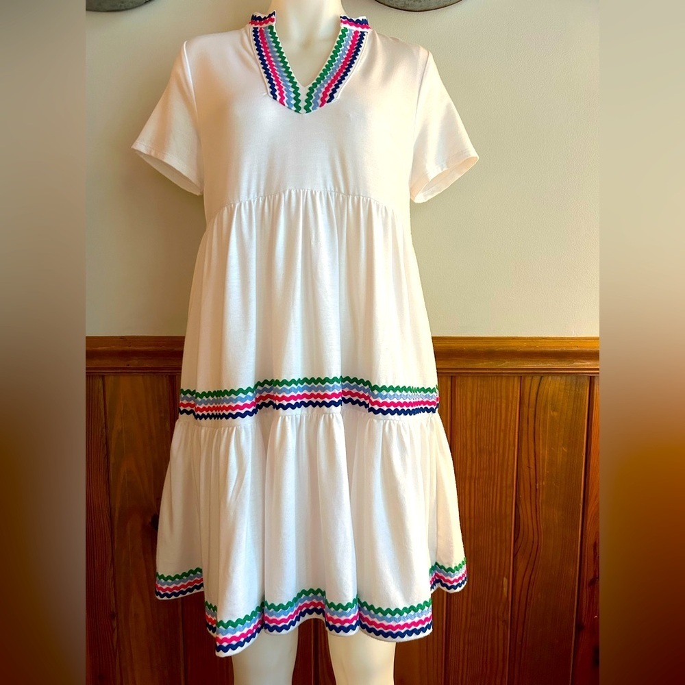 Crown&Ivy sundress, sz M, NWT, white peasant dress w green, pink, navy, blue